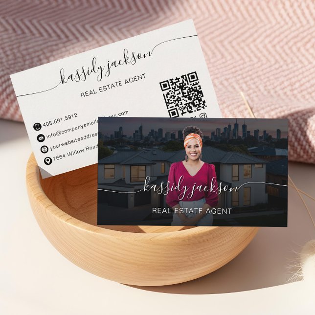 Cartão De Visita Foto do Agente Imobiliário Profissional de Nome de (Script Name Professional Real Estate Agent Photo Business Card)