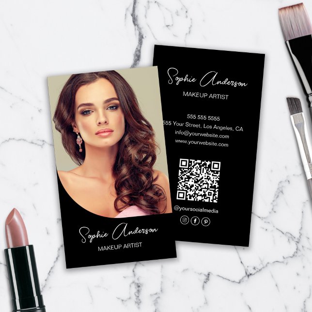 Cartão De Visita Foto do Artista Moderno Makeup Preto (Modern Makeup Artist Photo Black Business Card)