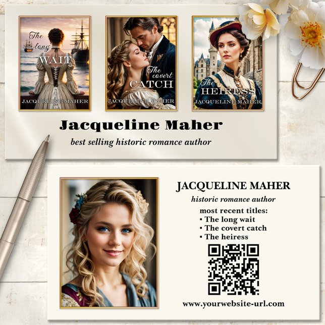 Cartão De Visita Foto do Cobrir do livro do autor Romance (Historic or romance author book cover photo business card with QR code template)