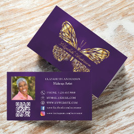 Cartão De Visita Foto do código QR de ouro roxo da borboleta