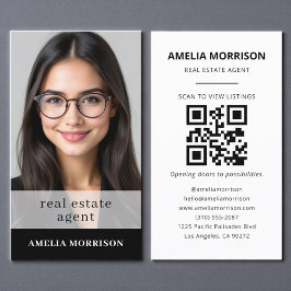 Cartão De Visita Foto do código QR do agente imobiliário branco pre