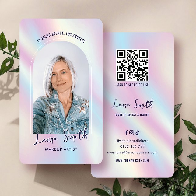 Cartão De Visita Foto do Código QR do esteticista de Quic Holográfi (Trendy photo business cards with girly holographic effect background and scannable QR code)