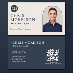 Cartão De Visita Foto do Estrategista de Marca Código QR Azul Marin