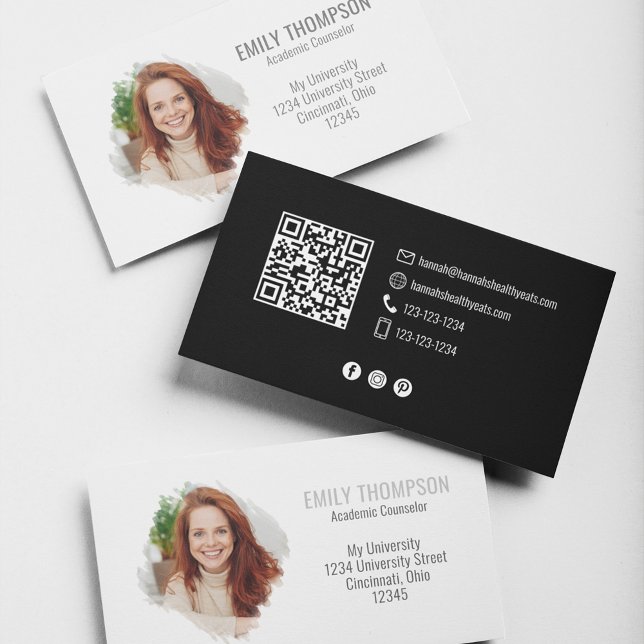 Cartão De Visita Foto do Modern QR Code Social Media Professional (Simple minimalist black and white business card with QR code and watercolor photo effect. )