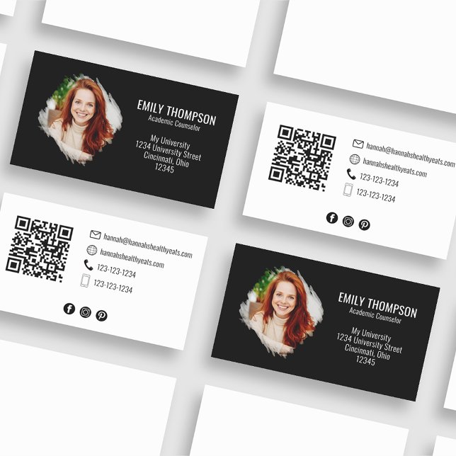 Cartão De Visita Foto do Modern QR Code Social Media Professional (Simple minimalist black and white business card with QR code and watercolor photo effect. )