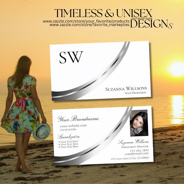 Cartão De Visita Foto do Monograma do Decor Prateado Branco Simples (Criador carregado)