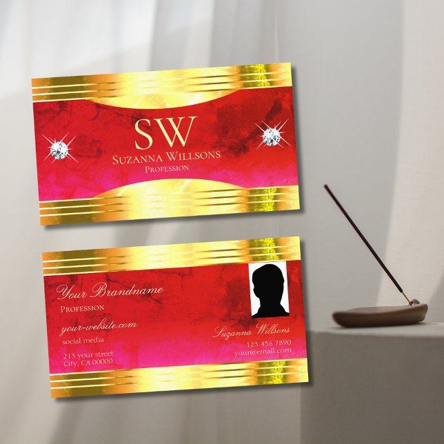 Cartão De Visita Foto do Monograma Dourado de Borda Vermelha Clássi (Criador carregado)