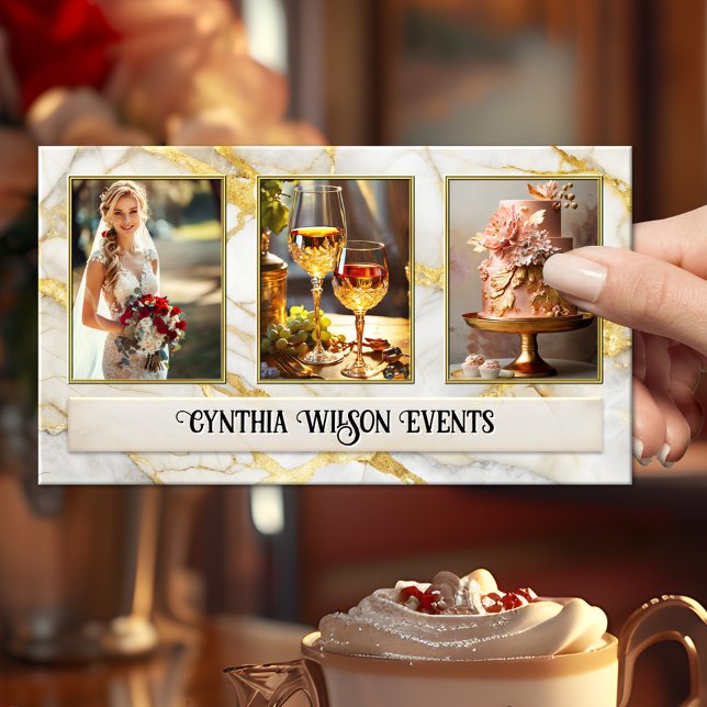 Cartão De Visita Foto do Planejador de Casamento de Marble Dourado  (Business card featuring your photos on chic gold veined marble - event planner - with social media)