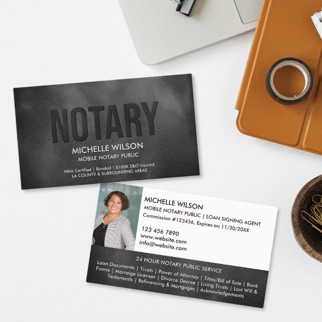 Cartão De Visita Foto do Simple Notary Public Loan Signal Agent (black  leather with embossed "notary" text business card)