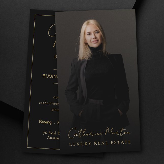 Cartão De Visita Foto Dourada Chic Black Luxury Imóveis (Luxury Real Estate Business Card With Chic Black & Gold Script Realtor Broker Photo)