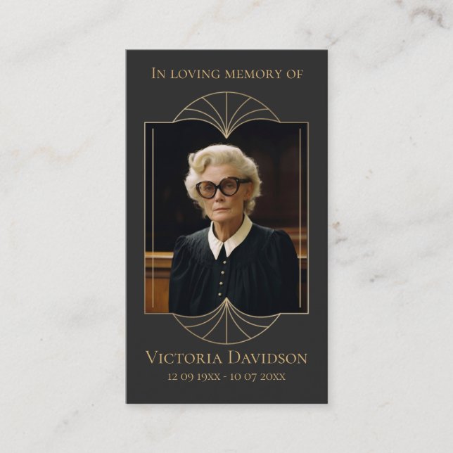 Cartão De Visita Foto Funeral Memorial Oração Ouro Elegante (Frente)