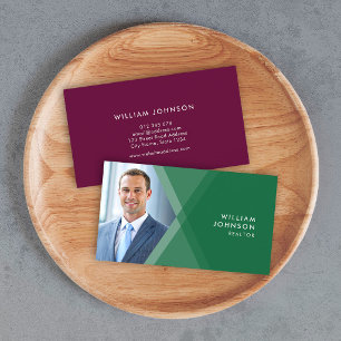 Cartão De Visita Foto Geométrica em Camadas Verde e Roxo Moderna