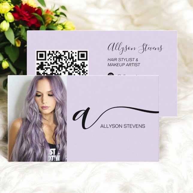 Cartão De Visita foto inicial de maquiagem de cabelo de lavanda qr  (Lavender hair makeup photo initial qr code business card)