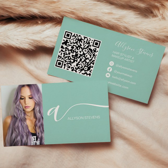 Cartão De Visita Foto inicial de maquiagem de cabelo de turquesa có (Turquoise hair makeup photo initial qr code business card)