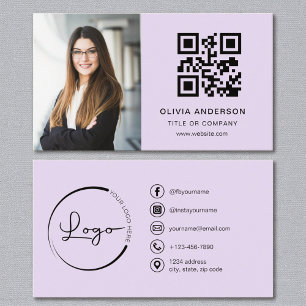 Cartão De Visita Foto Lilac Roxo Código QR Branco Código Social Míd