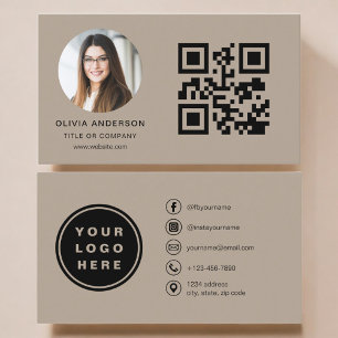 Cartão De Visita Foto Marrom Mocha com Código QR Mídia Social