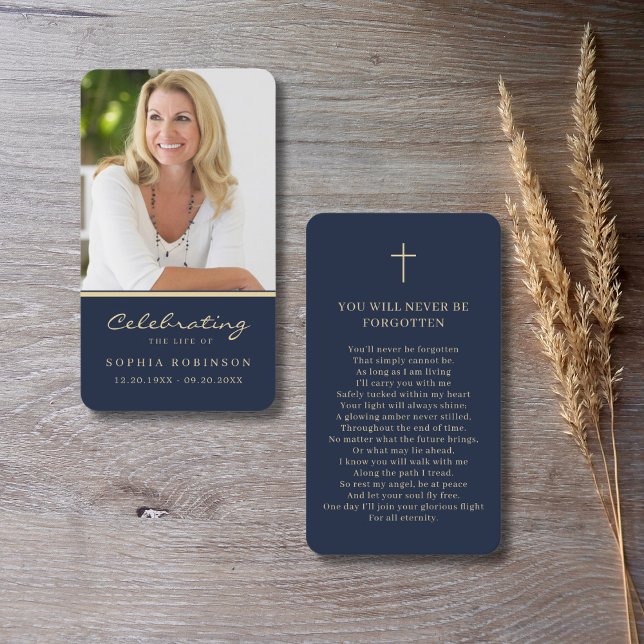 Cartão De Visita Foto Memorial Dourado Script Blue Prayer Card (Criador carregado)