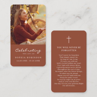 Cartão De Visita Foto Memorial Terracotta Burnt Orange Prayer Card