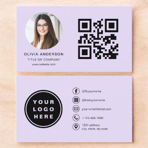 Cartão De Visita Foto minimalista roxa lavanda com código QR