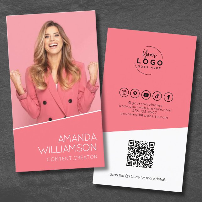 Cartão De Visita Foto moderna rosa - Seu logotipo (Pink Modern QR Code Your Logo Business Card)