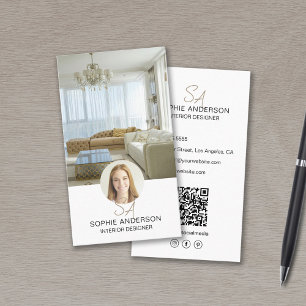 Cartão De Visita Foto Monograma QR Branco Designer de Interiores