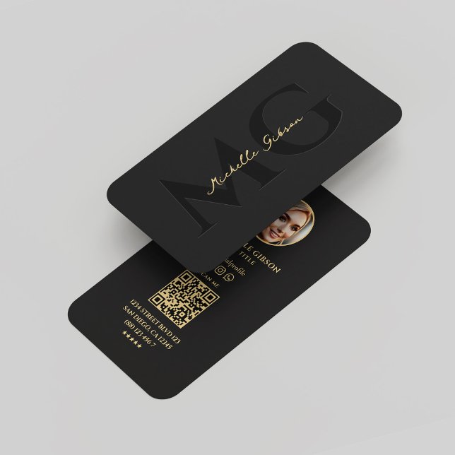Cartão De Visita Foto Negra Elegante Profissional de Monograma Mode (Modern Monogram Professional Elegant Black Gold Business Card
)