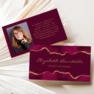 Cartão De Visita Foto Personalizada Burgundy Aquarela Folha Dourada