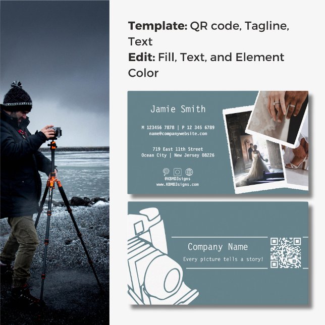 Cartão De Visita Foto personalizada Código QR Carreira Fotografia C (Custom Photo QR code Career Photography Gray Blue Business Card, Photo Symbol, Tagline)