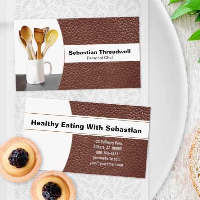 Cartão De Visita Foto personalizada de couro marrom de chef pessoal (Criador carregado)