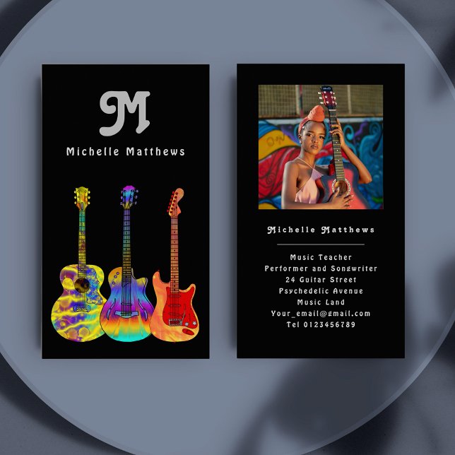 Cartão De Visita Foto personalizada de professor de guitarra modern (Modern guitar teacher musician custom photo business card)