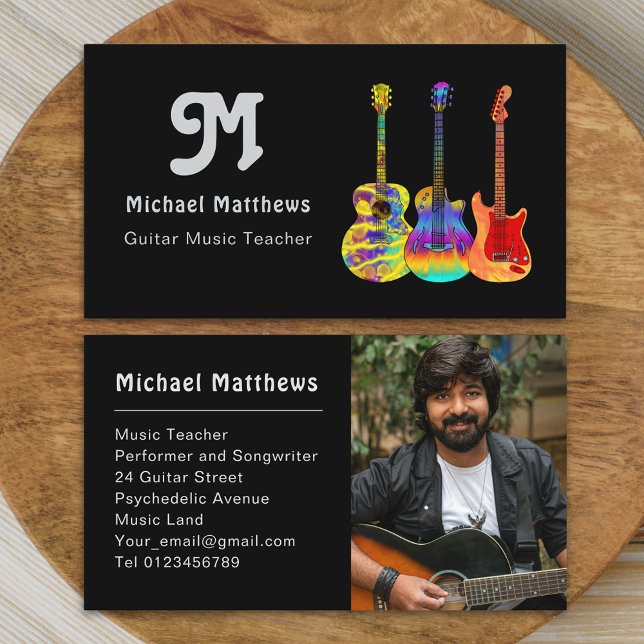 Cartão De Visita Foto personalizada de professor de música em violã (Modern retro guitar music teacher professional musician photo business card)