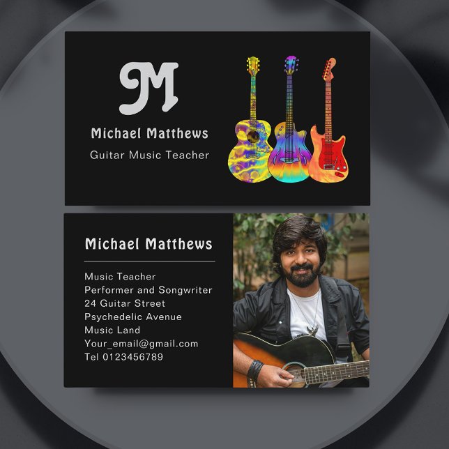 Cartão De Visita Foto personalizada de professor de música em violã (Retro guitar music teacher custom photo business card with vibrant psychedelic guitar illustrations )