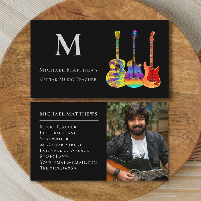 Cartão De Visita Foto personalizada de professor de música em violã (Stylish guitar teacher musician custom photo business card)