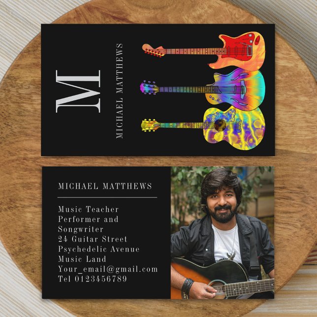 Cartão De Visita Foto personalizada de professor de música guitarra (Modern guitar music teacher professional musician photo Business card Colorful guitar art)
