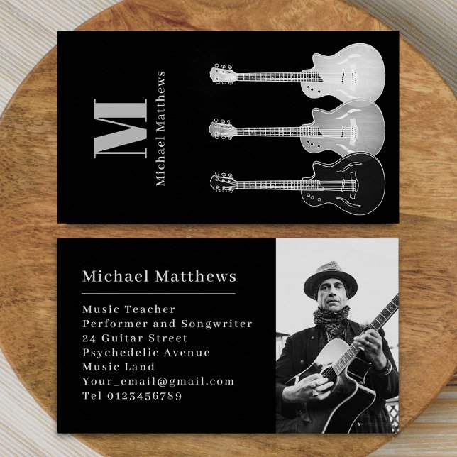 Cartão De Visita Foto personalizada de professor de música guitarra (Modern simple Guitar music tutor professional musician photo Business card Black gray and white)