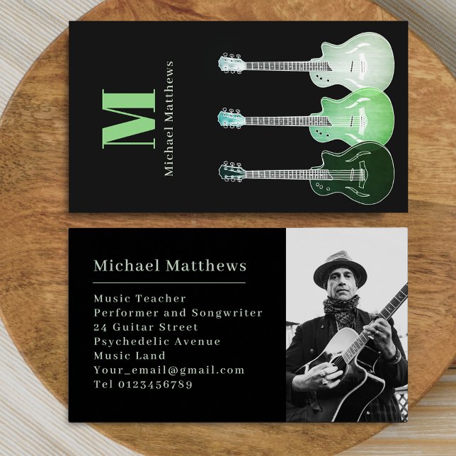 Cartão De Visita Foto personalizada de professor de música guitarra (Modern guitar music teacher professional musician photo Business card Green and black guitar art)