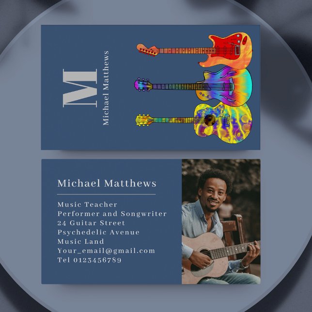 Cartão De Visita Foto personalizada de professor de música guitarra (Guitar music teacher photo template custom business card)