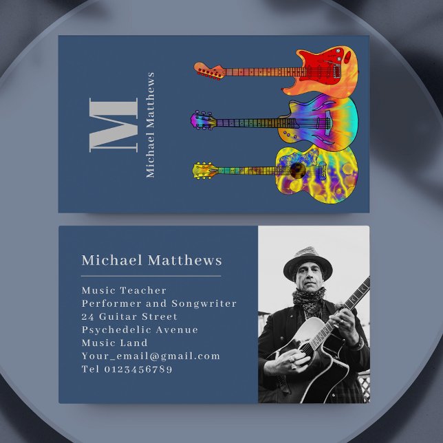 Cartão De Visita Foto personalizada de professor de música guitarra (Guitar music teacher and musician photo template custom business card)