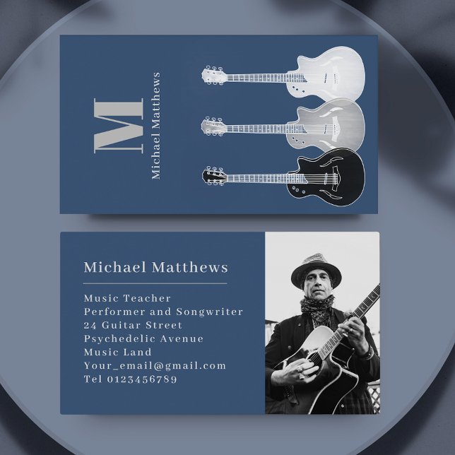 Cartão De Visita Foto personalizada de professor de música guitarra (Guitar musician teacher custom photo business card)