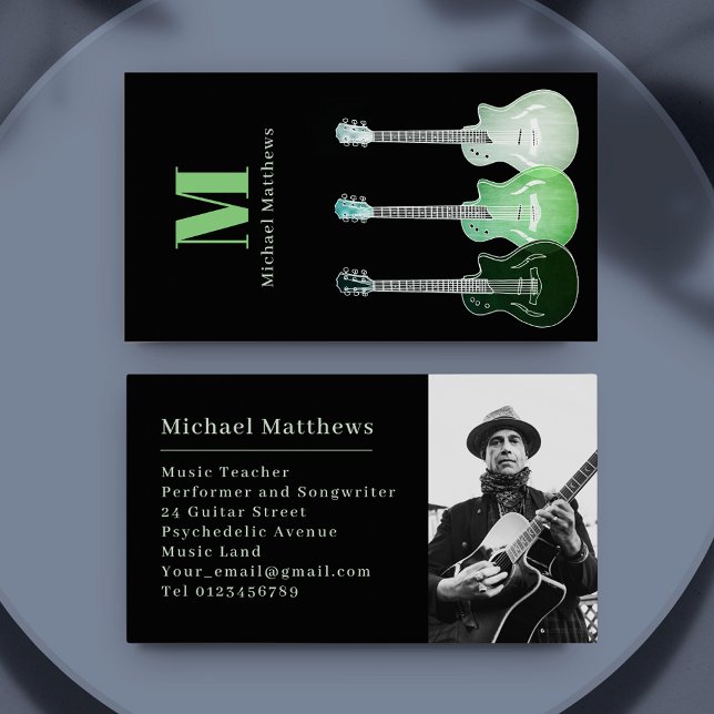 Cartão De Visita Foto personalizada de professor de música guitarra (Cool guitar music teacher musician photo custom business card black and green)