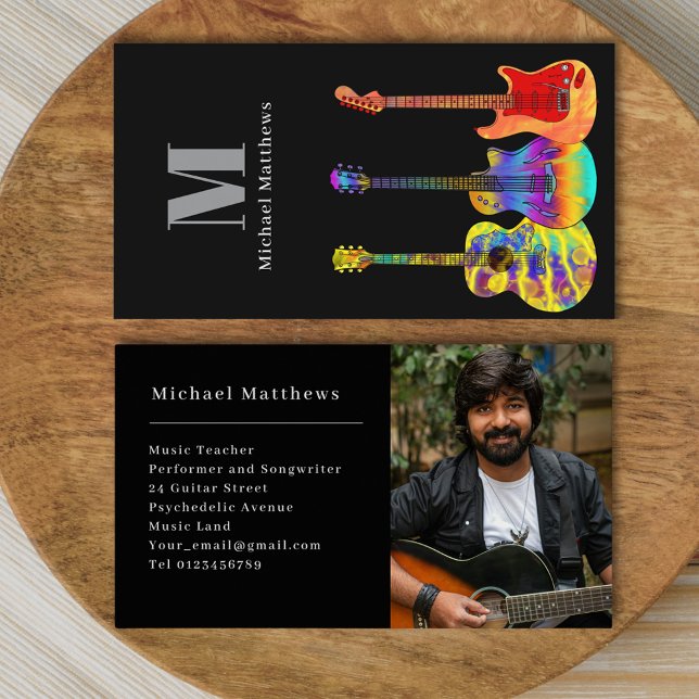 Cartão De Visita Foto personalizada de professor de música guitarra (Guitar music teacher custom photo business card)