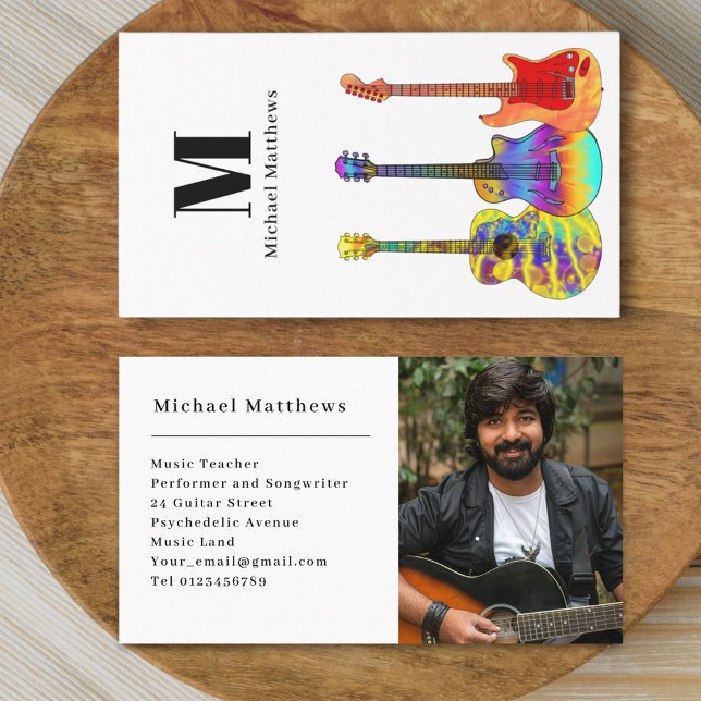 Cartão De Visita Foto personalizada de professor de violão (Modern guitar music teacher professional musician photo Business card Colorful guitar art)