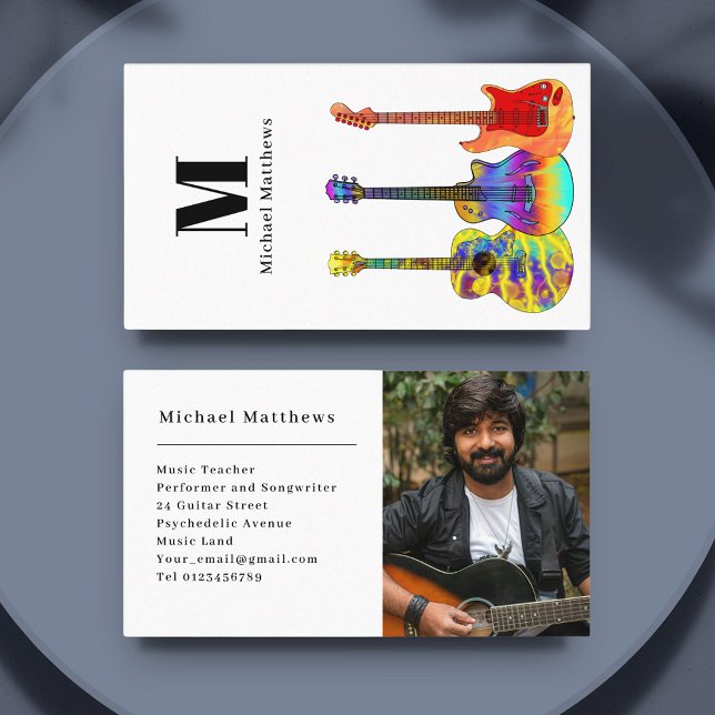 Cartão De Visita Foto personalizada de professor de violão (Modern guitar teacher business card with custom photo template)