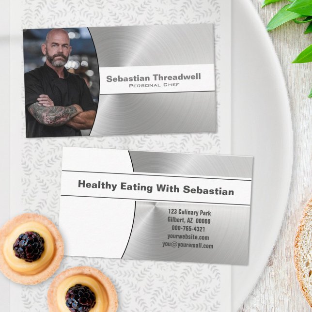 Cartão De Visita Foto personalizada do Chef Pessoal escovado de aço (Criador carregado)
