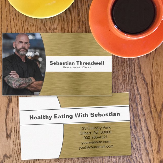 Cartão De Visita Foto personalizada do chef pessoal Faux escovado (Criador carregado)