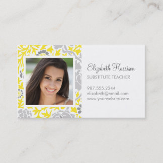 Cartão De Visita Foto personalizada do Damasco Floral Retro Amarelo