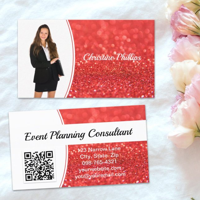 Cartão De Visita Foto personalizada do Glitter Coral Profissional Q (A QR code and custom photo are key elements on this faux glitter business card design.)