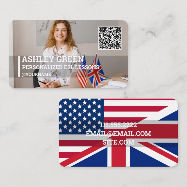Cartão De Visita Foto personalizada do professor Esl QR (Frente/Verso)