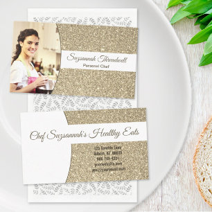 Cartão De Visita Foto Personalizada Dourada da Glitter do Chef Pess
