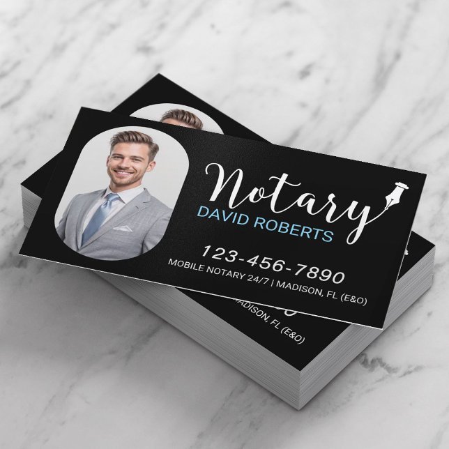 Cartão De Visita Foto Personalizada Elegante Preta do Serviço Notár (Criador carregado)
